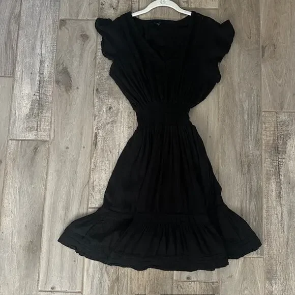 Rails Tara Black Lace Detail Mini Flutter Sleeve Linen Blend Dress Large - Picture 7 of 11